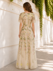 Maxi V‑Neck Flutter Short Sleeve Colorful Floral Tulle A‑Line Dress Champagne