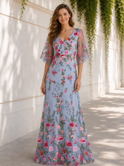 Long A-Line V Neck Flutter Sleeves Floral Tulle Formal Dress