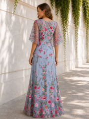 Long A-Line V Neck Flutter Sleeves Floral Tulle Formal Dress