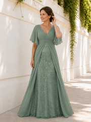 Flutter Sleeve Chiffon Wrap Beaded Tulle Inner Long Formal Dress Eucalyptus