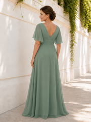 Flutter Sleeve Chiffon Wrap Beaded Tulle Inner Long Formal Dress Eucalyptus