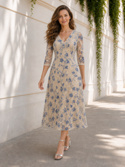 A-Line Tea-Length V-Neck 3/4 Sleeves Floral Formal Dress Champagne