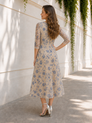 A-Line Tea-Length V-Neck 3/4 Sleeves Floral Formal Dress Champagne
