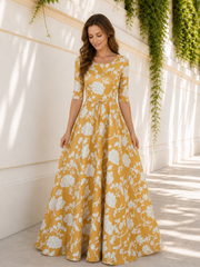 Floor Length Scoop Neck White Floral Half Sleeve A-Line Dress Gold