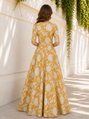 Floor Length Scoop Neck White Floral Half Sleeve A-Line Dress Gold