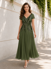 Short Sleeve V‑Neck Beaded Bodice Chiffon A‑Line Midi Dress Olive Green