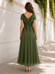 Short Sleeve V‑Neck Beaded Bodice Chiffon A‑Line Midi Dress Olive Green