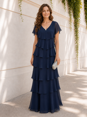 V Neck Flutter Sleeve Tiered Chiffon Floor-Length Dress Dark Navy