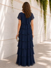 V Neck Flutter Sleeve Tiered Chiffon Floor-Length Dress Dark Navy