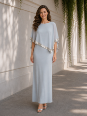 Chiffon Cape Sequin Trim Sheath Tea-Length Formal Dress Dusty Blue