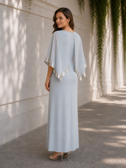 Chiffon Cape Sequin Trim Sheath Tea-Length Formal Dress Dusty Blue