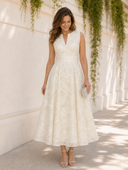 A-Line V-Neck Sleeveless Tea Length Lace Cocktail Party Dress Ivory