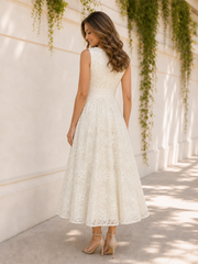 A-Line V-Neck Sleeveless Tea Length Lace Cocktail Party Dress Ivory