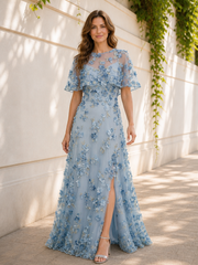 A‑Line Capelet 3D Flower Embellished Tulle Maxi Dress With Slit Dusty Blue