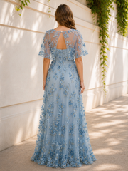 A‑Line Capelet 3D Flower Embellished Tulle Maxi Dress With Slit Dusty Blue