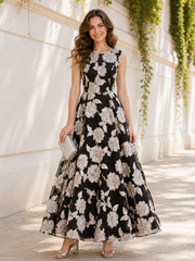 Scoop Neck Floral Sleeveless A‑Line Ankle‑Length Evening Dress Black