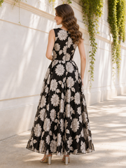 Scoop Neck Floral Sleeveless A‑Line Ankle‑Length Evening Dress Black