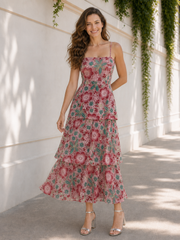 Square Neck Ruffled Layered Colorful Floral Tea Length Dress