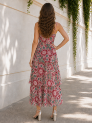 Square Neck Ruffled Layered Colorful Floral Tea Length Dress