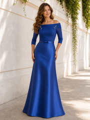 Off‑The‑Shoulder 3/4 Sleeve Satin Mermaid Gown With Bow Sash Royal Blue