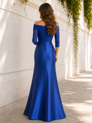 Off‑The‑Shoulder 3/4 Sleeve Satin Mermaid Gown With Bow Sash Royal Blue
