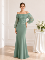 Off-the-Shoulder Long Lace Sleeve Mermaid Formal Dress Agave