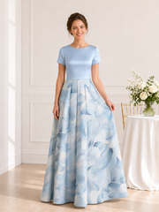 Floor Length Round Neck Short Sleeve Blue Print Satin A-Line Dress Sky Blue
