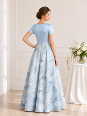 Floor Length Round Neck Short Sleeve Blue Print Satin A-Line Dress Sky Blue