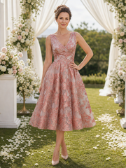 A-Line V-Neck Sleeveless Floral Pleated Skirt Tea-Length Dress