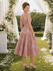 A-Line V-Neck Sleeveless Floral Pleated Skirt Tea-Length Dress