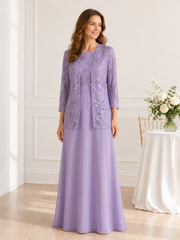 Two-Piece Lace 3/4 Sleeve Jacket Chiffon Floor-Length Dress Lilac