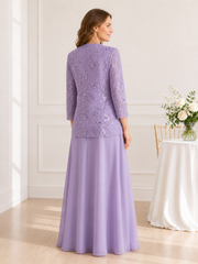 Two-Piece Lace 3/4 Sleeve Jacket Chiffon Floor-Length Dress Lilac