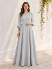 A-Line Scoop Neck Floor-Length 3/4 Flared Sleeves Lace Top Dress Silver