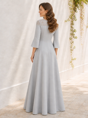 A-Line Scoop Neck Floor-Length 3/4 Flared Sleeves Lace Top Dress Silver