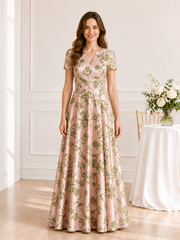 Notch V-Neck Short-Sleeve Floral Satin A-Line Floor Length Dress Pearl Pink