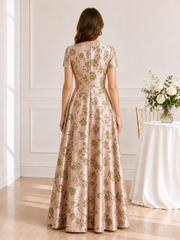 Notch V-Neck Short-Sleeve Floral Satin A-Line Floor Length Dress Pearl Pink