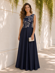A-Line Sleeveless Scoop Neck Silver Leaf Long Satin Dress Dark Navy
