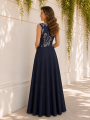 A-Line Sleeveless Scoop Neck Silver Leaf Long Satin Dress Dark Navy