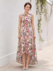 Bateau Neck Sleeveless A-Line Floral Tulle Asymmetrical Hem Dress