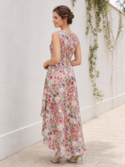 Bateau Neck Sleeveless A-Line Floral Tulle Asymmetrical Hem Dress
