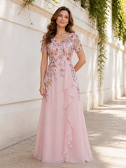 V‑Neck Short Sleeve Floral Chiffon Side Ruffle A‑Line Long Dress Dusty Rose