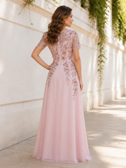 V‑Neck Short Sleeve Floral Chiffon Side Ruffle A‑Line Long Dress Dusty Rose