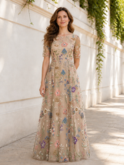 A‑Line Short Sleeve Multi‑Color Floral Tulle Formal Gown Champagne