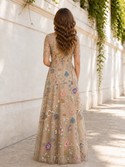 A‑Line Short Sleeve Multi‑Color Floral Tulle Formal Gown Champagne