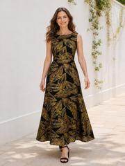 Sleeveless Leaf Print Elegant A‑Line Formal Tea-length Dress Black