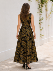 Sleeveless Leaf Print Elegant A‑Line Formal Tea-length Dress Black