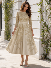 Round Neck 3/4 Sleeve Beaded Sequin Embroidery A‑Line Midi Dress Champagne