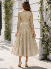 Round Neck 3/4 Sleeve Beaded Sequin Embroidery A‑Line Midi Dress Champagne