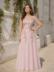 Illusion Neck Short‑Sleeve Floral Chiffon A‑Line Floor‑Length Dress Dusty Rose