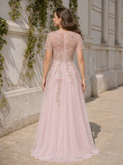 Illusion Neck Short‑Sleeve Floral Chiffon A‑Line Floor‑Length Dress Dusty Rose